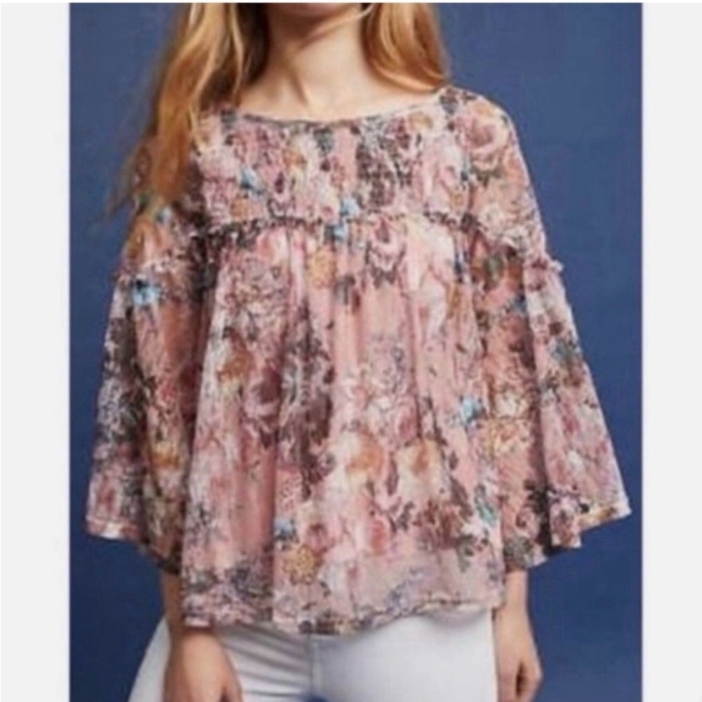 Akemi + Kin Anthropologie Patrizia Smocked Floral Lace Bohemian Blouse